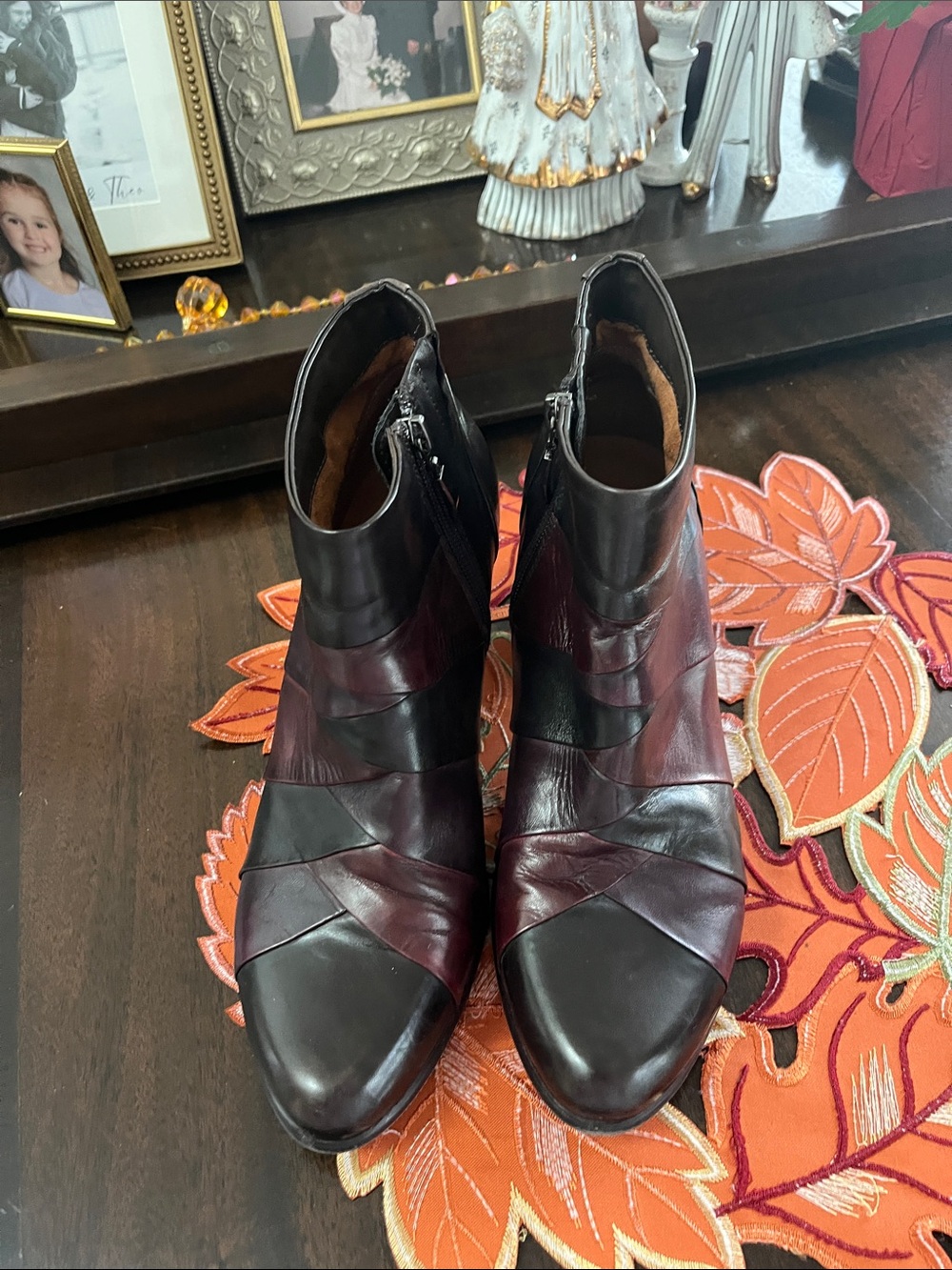Spring Step Two-Tone Burgundy and Black Leather Ankle Booties